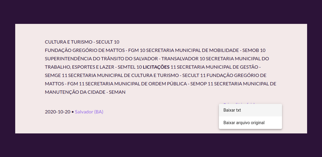 Clicando no botão de "baixar diário oficial" do excerto de diário