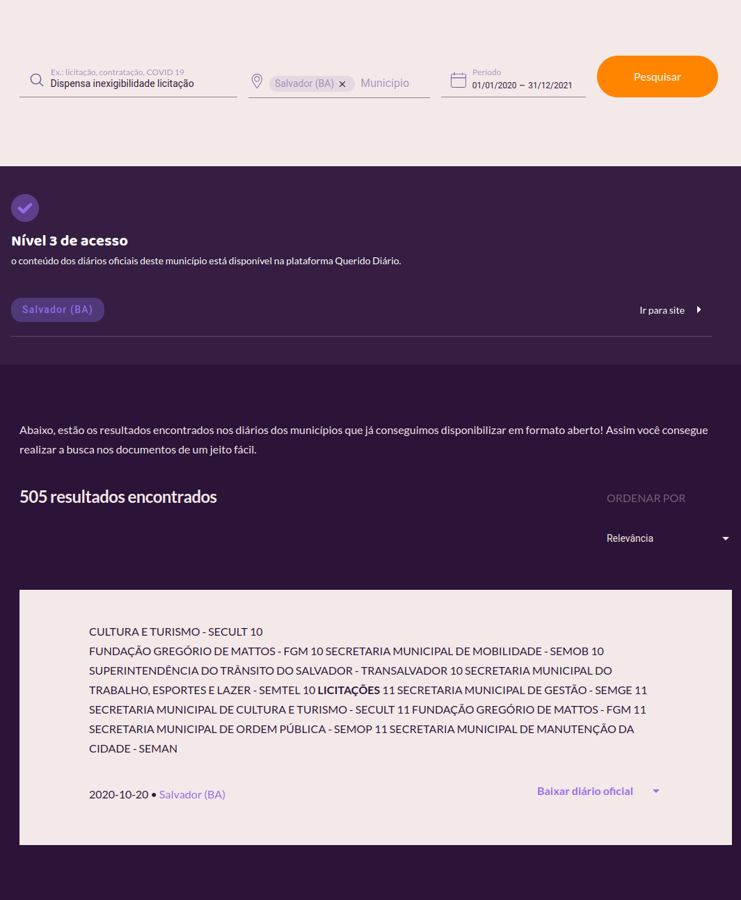 Resultado de consulta por palavras-chave com filtros